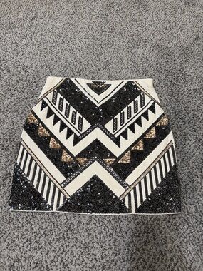 Express Black, White and Gold Sequin Geometric Mini Skirt